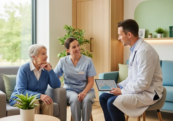 Senior discussing GDS score with a doctor, caregiver present.