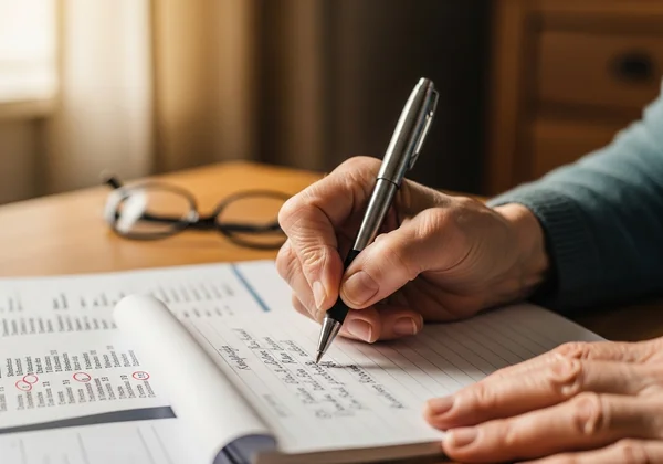 Senior preparing notes for a mental health appointment.