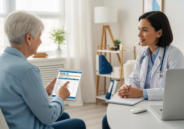 Пациент обсуждает свой отчет со специалистом здравоохранения