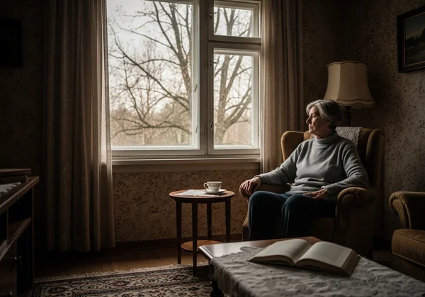 Older adult looking isolated, distant in a lonely setting.