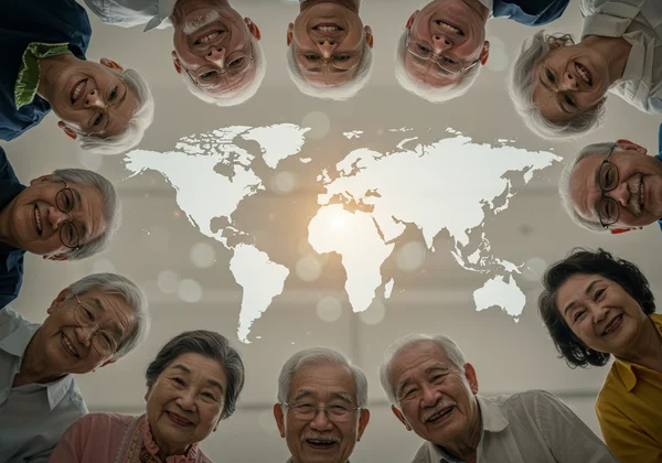 Elderly people from diverse cultures and a world map.