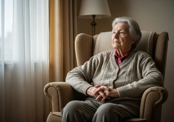 Older person sitting alone by a window, looking reflective