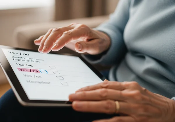 Hand interacting with a tablet displaying a GDS questionnaire.