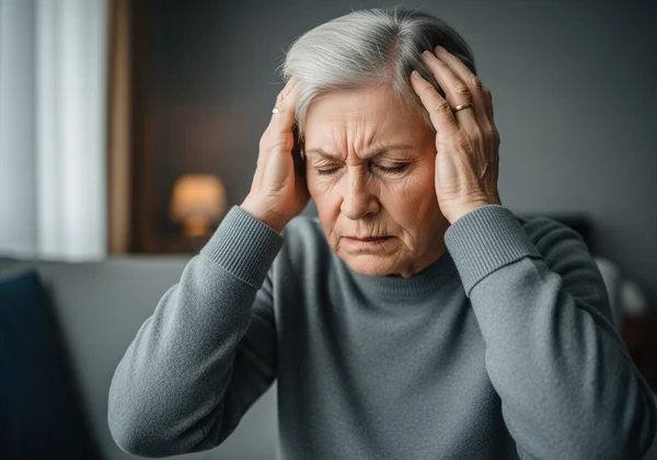 Hand to head, expressing unexplained physical discomfort.