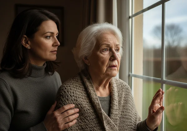 Senior woman looking out window with concerned daughter nearby