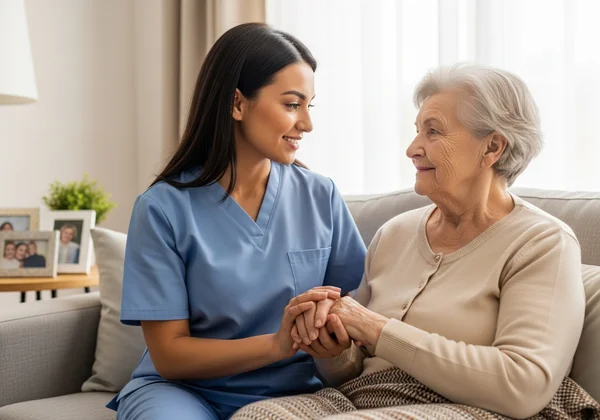 Caregiver holding hands with senior parent